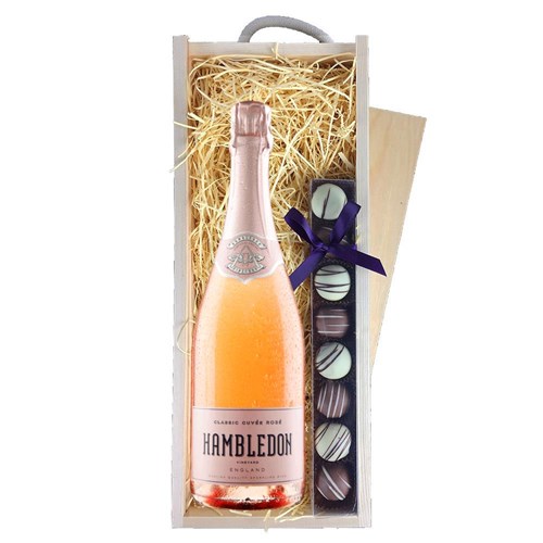 Hambledon Classic Cuvee Rose English Sparkling Wine 75cl & Truffles, Wooden Box